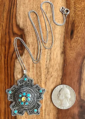 Vintage Nepalese Turquoise And Amber 925 Sterling Silver Mandala Pendant & Chain • $31