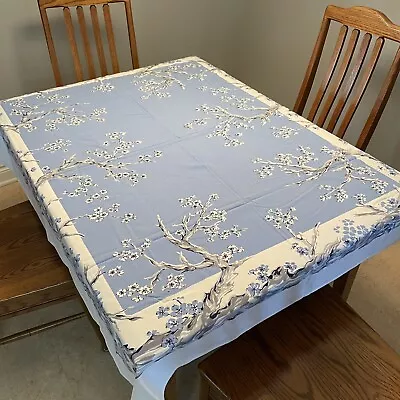 Vintage Blue White Floral Tablecloth Cherry Blossom Design 53x60 Rectangular • $40