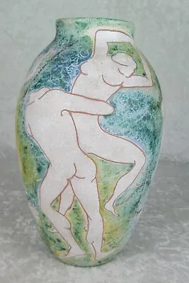 Marcello Fantoni Pottery Vase Italy Raymor Dancing Figures 9-3/4 Inch Tall Green • $1800