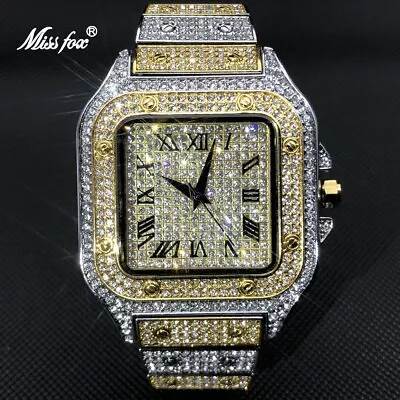 MISSFOX Mens Ice Out Watch Quartz Gold Silver Diamond Square Waterproof Gift NEW • £69.99