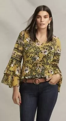 CAbi Spring Scene Women’s Blouse Yellow Floral Sheer Bell Sleeve Size Small 5518 • $17.99