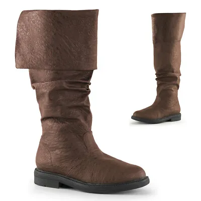 ROB100/BNPU MENS Brown Renaissance Medieval Pirate Foldable Costume Knee Boots • $89.06