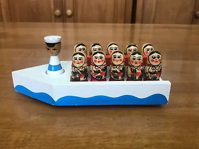 Vintage Russian Wooden Boat Pull Toy With Captain And 10 Semenov Maiden Dolls • $32