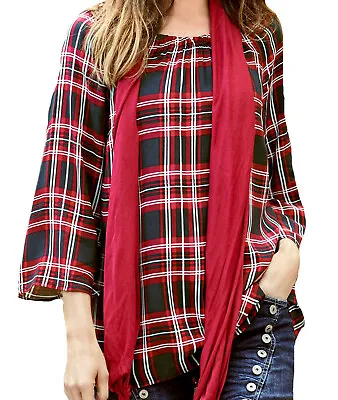 £4.69 • Buy CLEARANCE Sizes 10-28 Long Navy Blue Red Tartan Checked Gypsy Tunic Top Ladies 