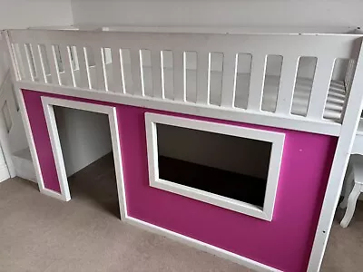 Kids Fun Time Mid Sleeper Cabin Bed With Play House Pink And White • £150