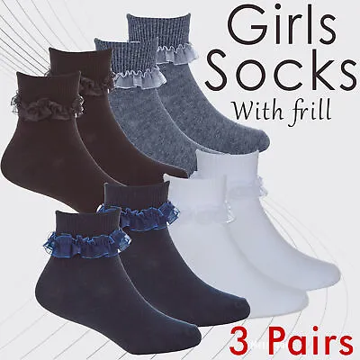 £4.29 • Buy 3 Pairs Girls School Socks With Frilly Ankle Cotton Uniform Organza Lace Trim UK