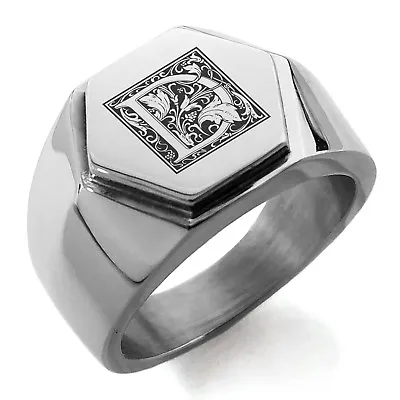 Stainless Steel Floral Box Monogram Letter D Mens Hexagon Crest Signet Ring • $15