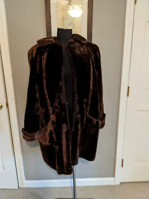 Vintage 50's  Mahogany Coat Silky Brown Faux Fur Collar Stroller Jacket Sz M • $100