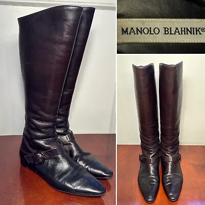 MANOLO BLAHNIK Size 37/US 7 Brown Leather Low-Heeled Tall Back- Zip Boots Italy • $179.99