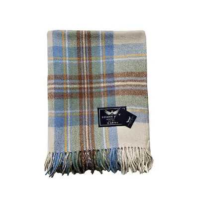 £35 • Buy The Golden Eagle Wool Rug Blanket Muted Blue Stewart Tartan Check Throw Rug