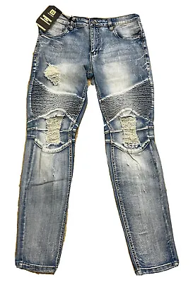 Mens Jean VICTORIOUS SKINNY LEG FIT BLUE DENIM RIPS POCKET BIKER ROCK DL1225 NWT • $45.47