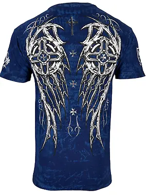 Archaic By Affliction Men's T-Shirt Spike Wings Cross Biker Navy  XS-4XL • $25.95