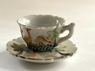 Florida Flamingo Souvenir Mini Teacup & Saucer Japan Satsuma Moriage Old • $12.99