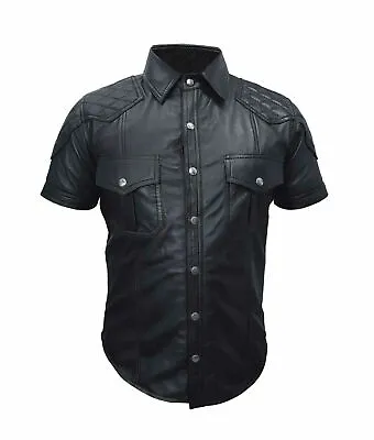 Men's Real Black Leather Half Sleeves Quilted BLUF Police Uniform Biker Shirt UK • £69.99