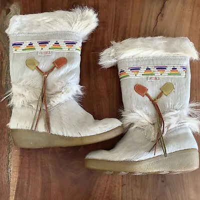 Vintage Tecnica Goat Fur Boots Ski Women's Size 38 36 White Southwest Tassel • $79.79