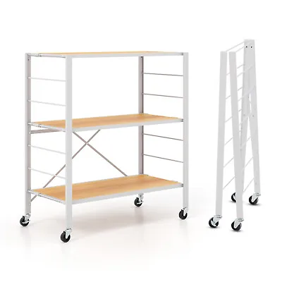 3-Tier Foldable Shelving Unit Heavy Duty Metal Shelves W/Detachable Wheels • £41.95