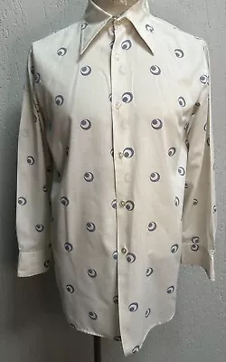 Men’s 1970s White Blue Patterned Spear Point Collar Shirt Disco European 38-40 M • £12
