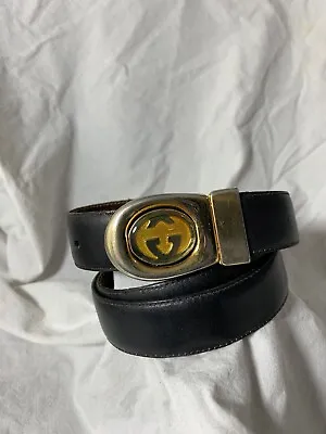 Vintage Iconic GUCCI Reversible Logo Black Brown Leather Belt Oval Unisex Medium • $407.63