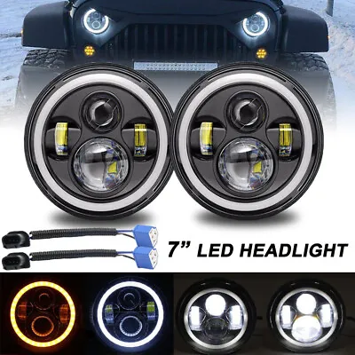 7  Inch Round LED Headlights Halo Angle Eyes For Jeep Wrangler JK CJ TJ LJ Pair • $42.99