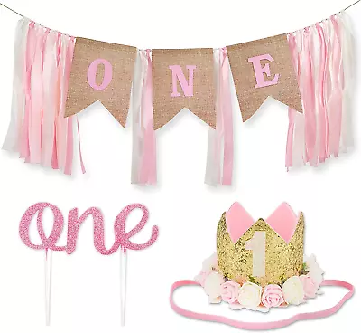 1St Birthday Girl Decorations With Crown - 1 Year Old Baby First Birthday Decora • $49.20