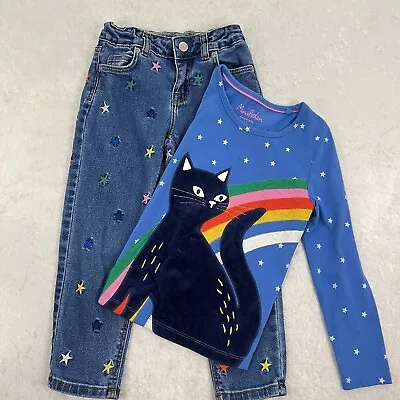 MINI BODEN Girls Jeans Shirt 2 Pc Outfit Bundle 5t-6T Star Embroidery Velvet Cat • $18.95