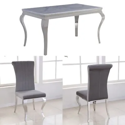 £374.99 • Buy White/ Grey 140cm Marble Dining Table With Luxury Pleated Velvet Chairs 2022