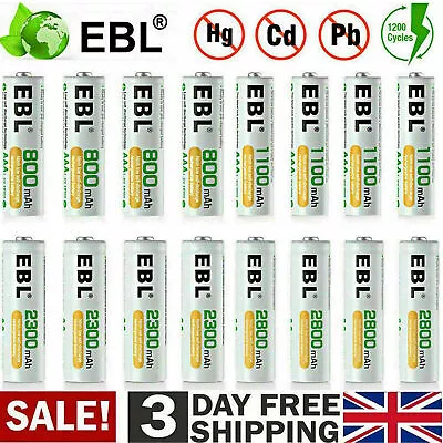 EBL Lot 2800mAh 2300mAh 1100mAh 800mAh AA AAA Rechargeable Batteries NI-MH + Box • £14.99