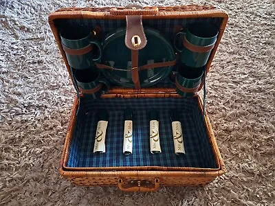Vintage Bamboo Suitcase Style Picnic Basket Set W/4 Person Plastic Serving Set • $29.99