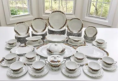 87 Pc. 9-12 Place Settings VICTORIA CHINA Czechoslovakia #260 Fruit+Flowers+Gold • $299