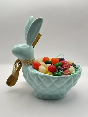 Mud Pie New Ceramic Easter Bunny Light Blue Bowl W/ Wooden Spoon NWT 7” H • $21.99