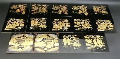 Japanese Lacquered Wood Board Maki-e Art Craft Board Buddhist Art Set Of 14 • $399