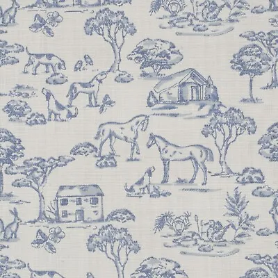 Giverny Countryside Blue On White Fabric | Farm | Curtains Blinds Upholstery • £1.79