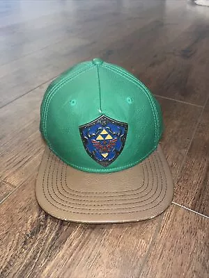 Legend Of Zelda Snapback Cap Hat 2017 Faux Leather Metal Tri Force Shield Green • $20
