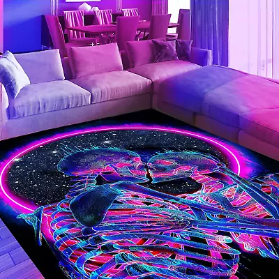 EISKBC Neon Kiss Skull Area Rug Blacklight UV Reactive Couple Skeleton Throw Ru • $97.99