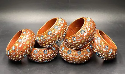 Vintage Rust Gold Blue Enamel Beads Mirror Rustic Boho Chic Napkin Ring SET (6) • $24