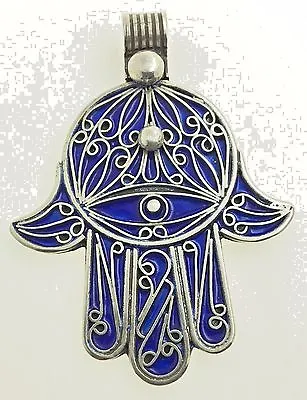 SILVER Cobalt Blue Enamel Moroccan Berber Hamsa Evil Eye Amulet Talisman PENDANT • $43