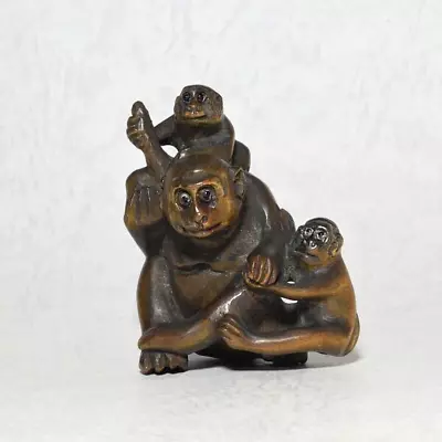 NETSUKE Japanese Wooden Sculpture Wood Carving Monkey Family 1.2x1.4x1.7in • £86.86