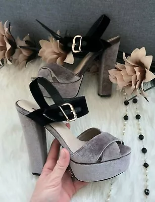 Ladies Khaki Grey Velvet Heeled Sandals / Shoes BNIB • £20