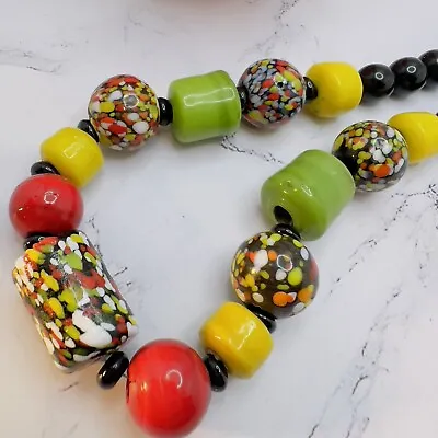 Mosaic Glass Beads Necklace 24” Black Red Yellow Green White VTG • $28.59