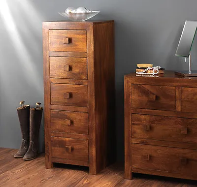 Dakota Solid Mango Tallboy Chest Of Drawers - Solid Indian Wood Living Room New • £282.14