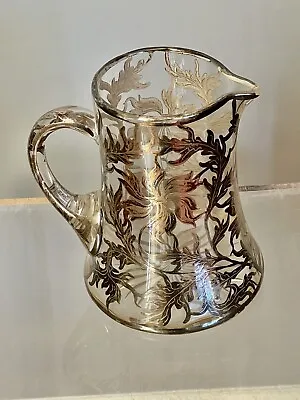 $79 • Buy Vintage Antique Art Nouveau Silver Overlay Floral Glass Pitcher