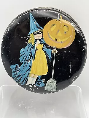 1930’s Vintage Tindeco 4” Halloween Candy Tin Jack-O-Lantern WITCH Girl Broom • $60