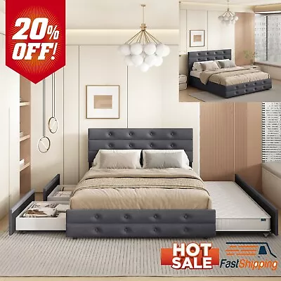 Queen Size Upholstered Linen Fabric Trundle Bed Frame With Drawer Grey American • $249.96