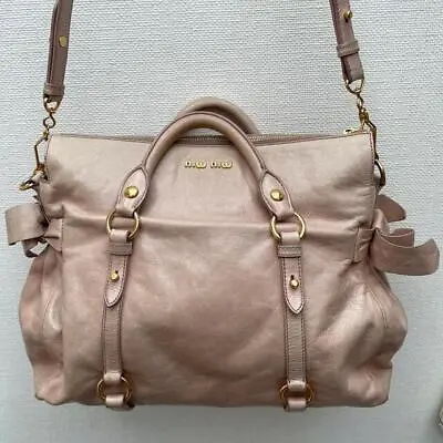 Auth Miu Miu Handbag 2way Shoulder Bag #9806 Beige Pink Leather Bow Ribbon • $270