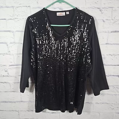 The Quacker Factory Black Sequined Modest V-Neck Holiday Christmas Top L Large • $18.69