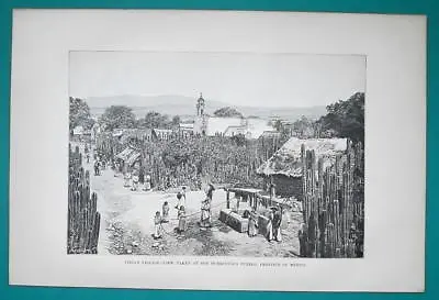 MEXICO Indian Village At Huexoculco Pueblo - 1891 Antique Print Engraving • $22