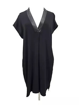 Vince Black Leather Trim Dress Womens M Pockets Pullover VNeck • $75