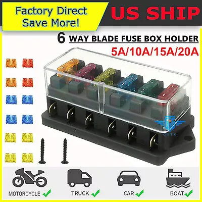 6 Way Blade Fuse Box Block Holder 12-24V Car Boat Power Distribution Panel Board • $8.99