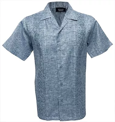 £29.99 • Buy Men's Retro Vintage Cuban Guayabera Embroidered Shirt Denim Blue Fleck