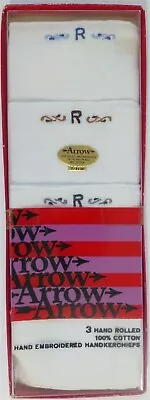 VTG NIB ARROW Hand Rolled/Embroidered Philippines Monogram R SET 3 100% Cotton • $14.95